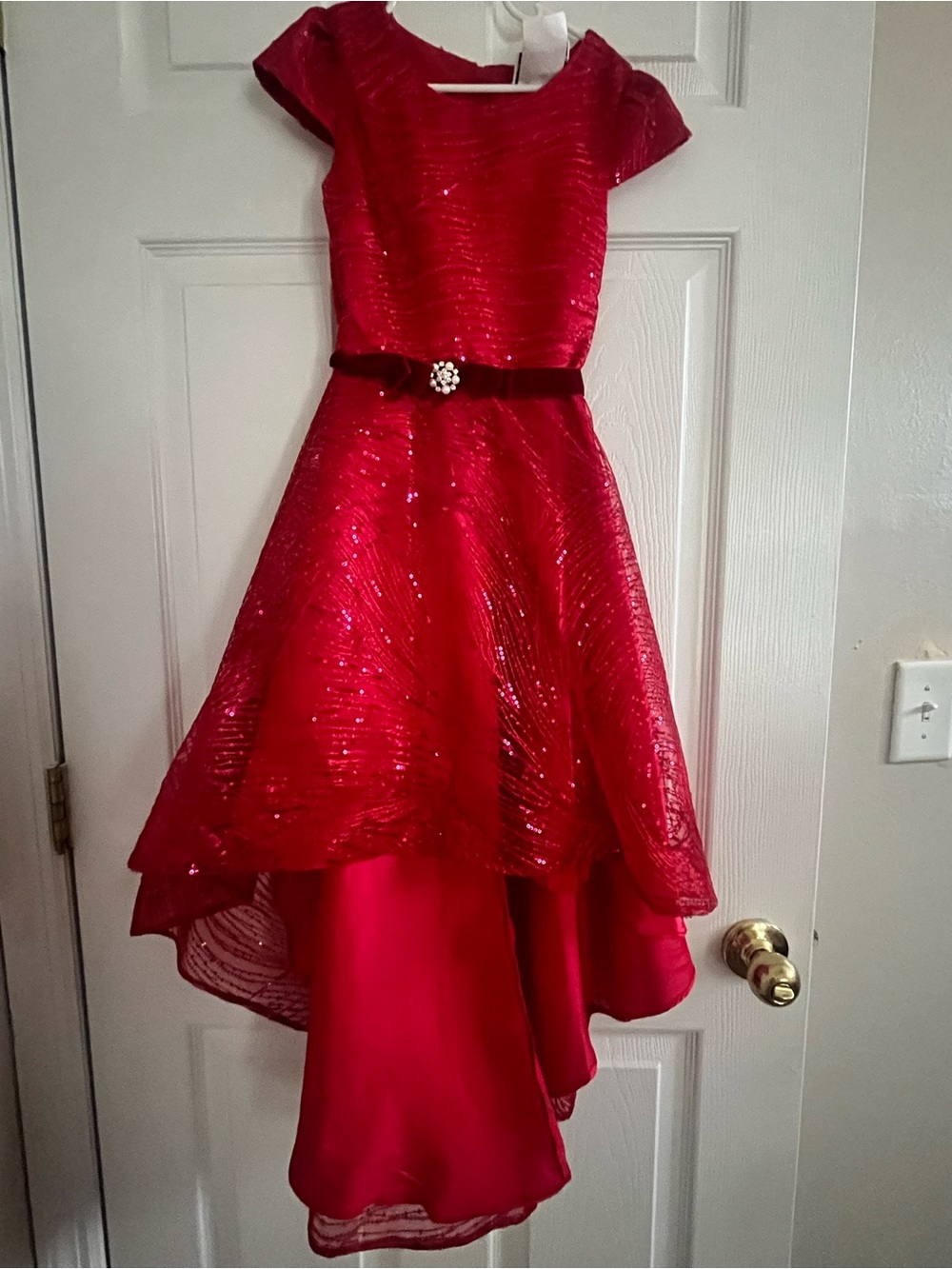 Rare Editions Red High-Low Sparkle Party Dress with Velvet Belt